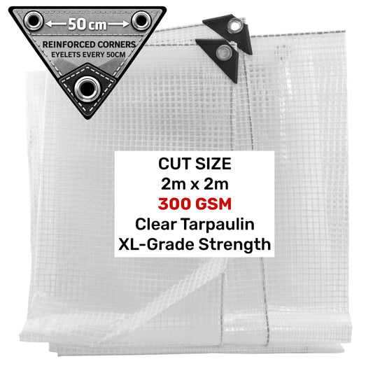 Clear XL tarpaulin 2 m x 2 m with reinforced corner eyelets every 50 cm