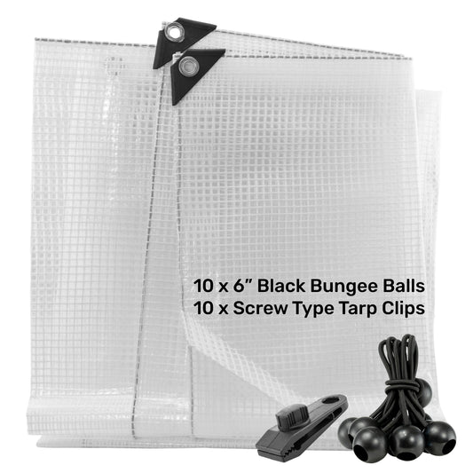 Klarer Planenstoff mit schwarzen 6" Bungee-Bällen und Schraub-Tarpclips, XL-Grade