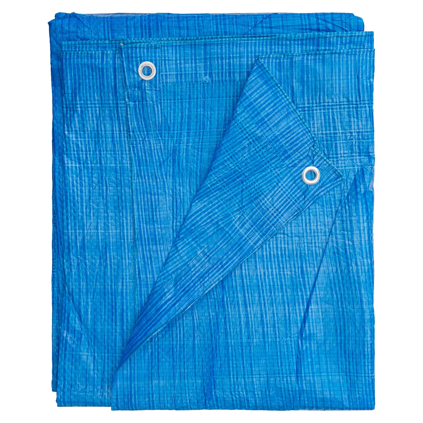 Blue tarpaulin sheets overlapping with metal grommets, 1.5m x 6m