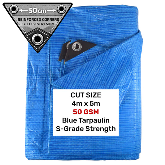 Blue tarpaulin, S-grade strength, 4m x 5m with reinforced corners and grommets