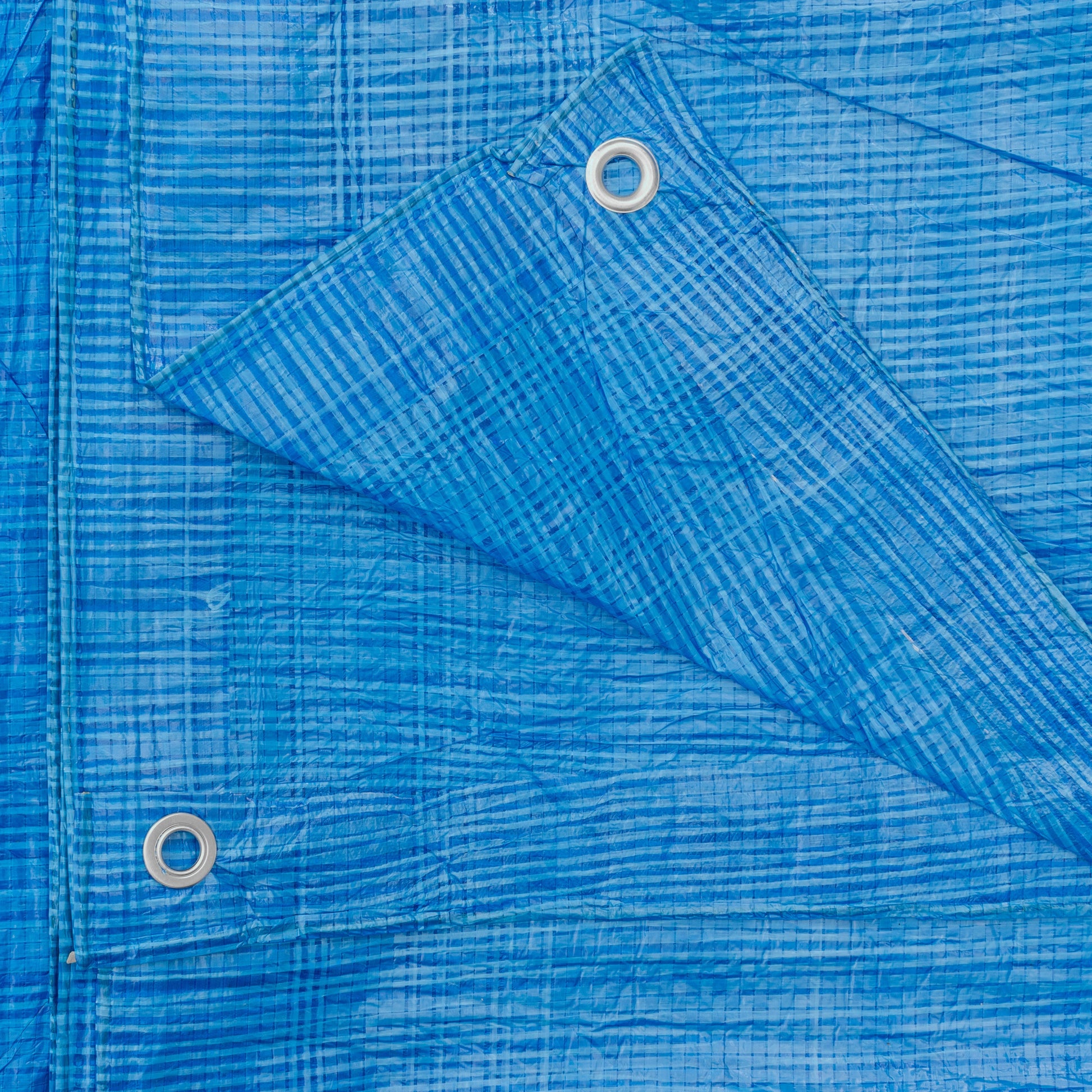 Blue tarpaulin 1.5m x 6m with reinforced grommets, woven grid texture