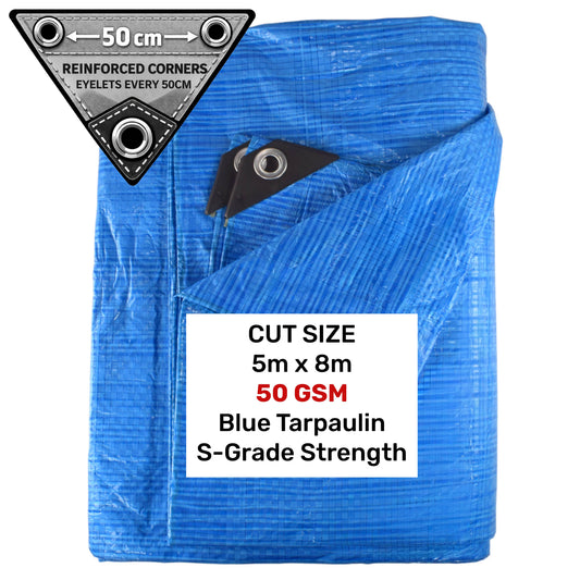 Blue tarpaulin 5m x 8m, reinforced corners, metal eyelets every 50cm