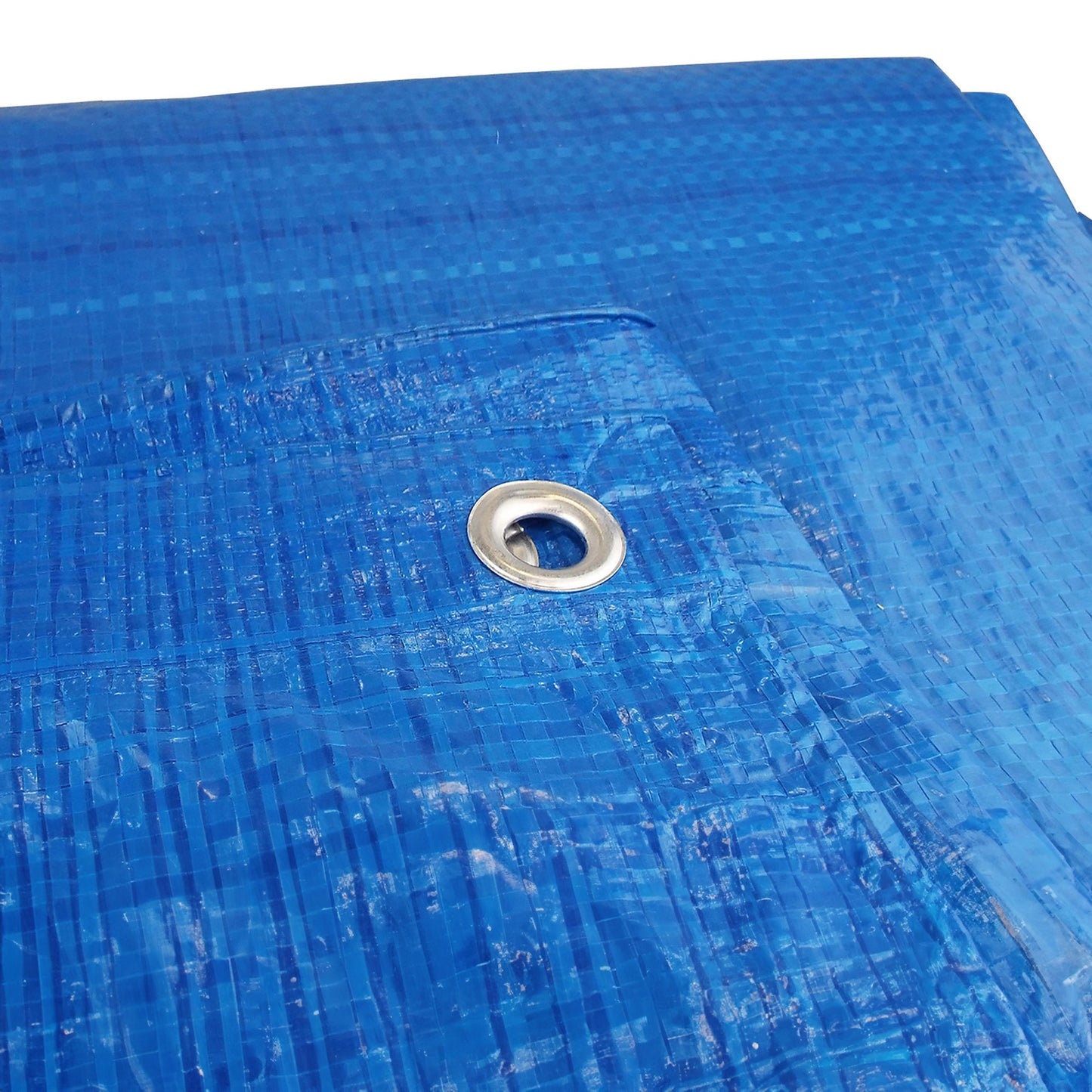 Close-up of blue tarpaulin eyelet with reinforced fabric, 1.5m x 6m