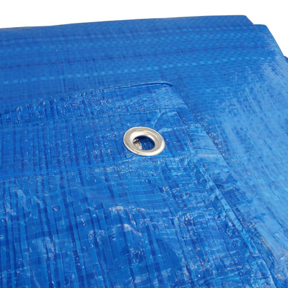Close-up of blue tarpaulin eyelet with reinforced fabric, 1.5m x 6m