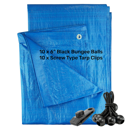 Blue tarpaulin sheet with 10 black bungee balls and 10 screw tarp clips kit