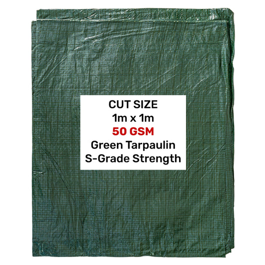 Green tarpaulin, S-Grade strength, 1m x 1m cut size, 50 GSM (label view)