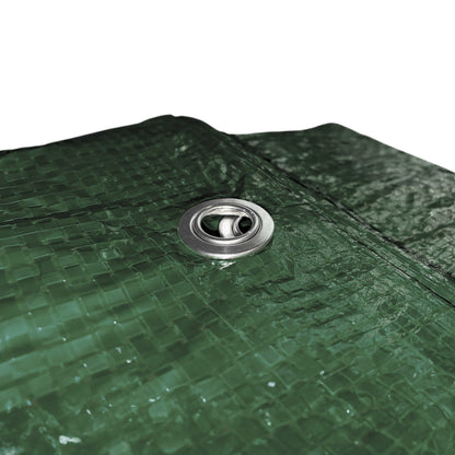 Green tarpaulin close-up of metal grommet ring on crisscross texture