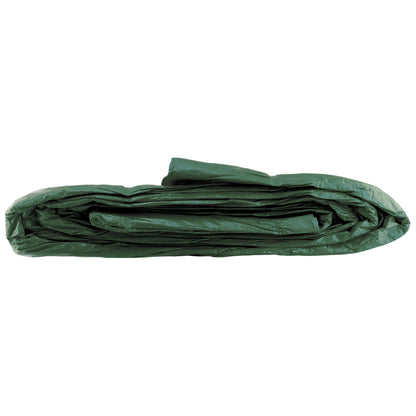 Rolled green tarpaulin sheet with reinforced edge and grommets