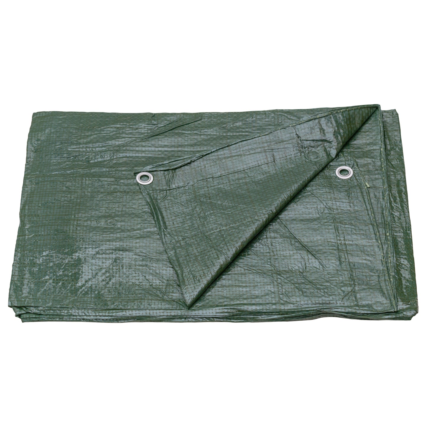 Green tarpaulin folded in quarters, grommets visible on two sides