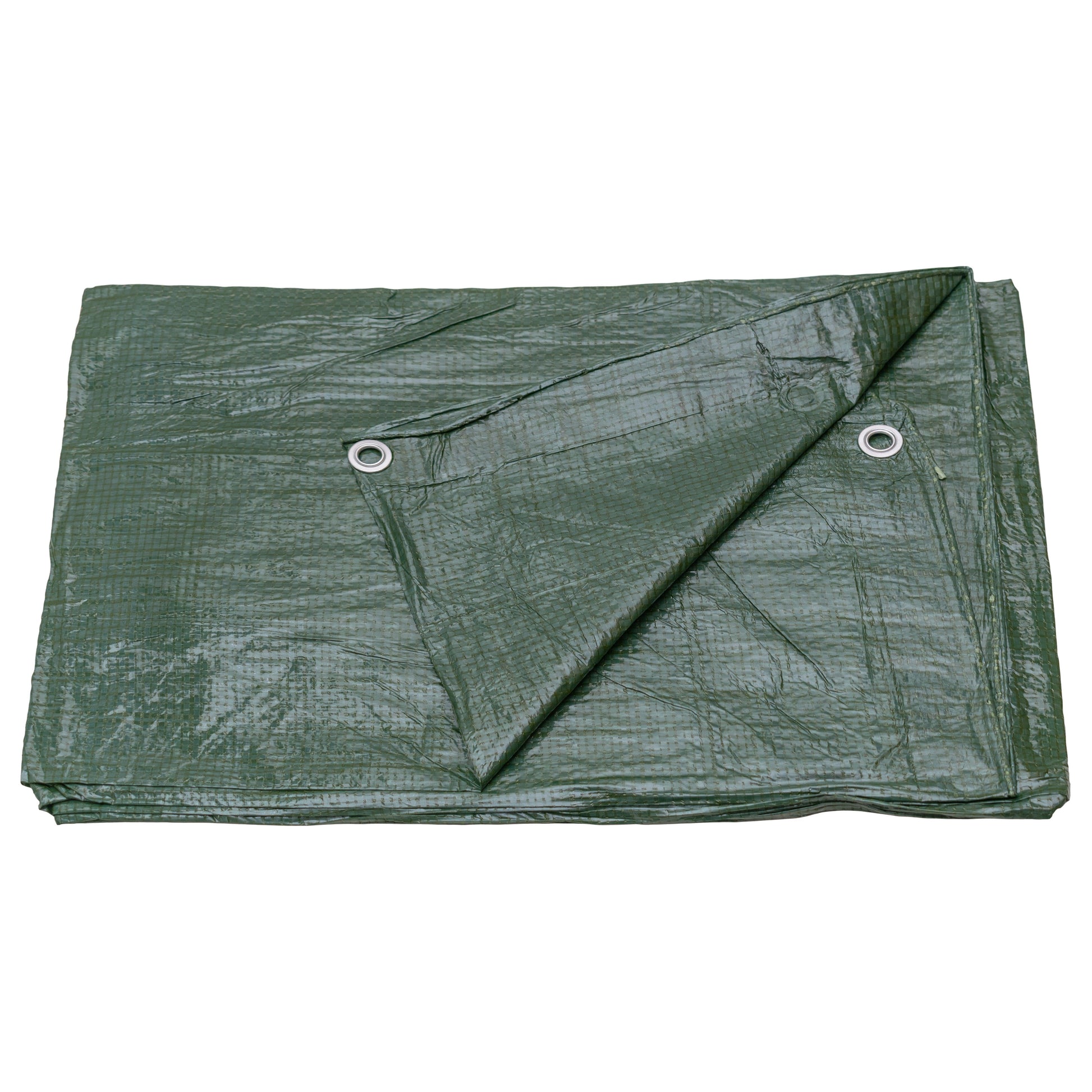 Green tarpaulin folded in quarters, grommets visible on two sides