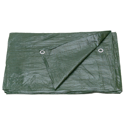 Green tarpaulin folded in quarters, grommets visible on two sides