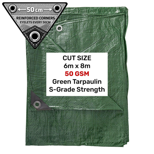 Green tarpaulin 6m x 8m with reinforced corners and metal eyelets