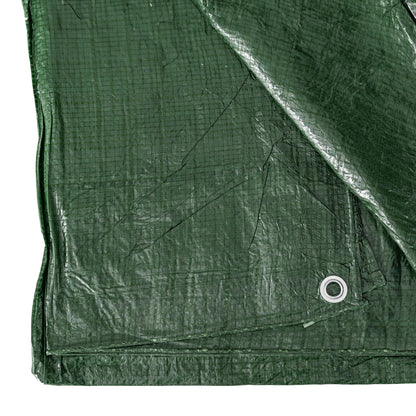 Green tarpaulin corner with metal grommet and crisscross reinforced weave