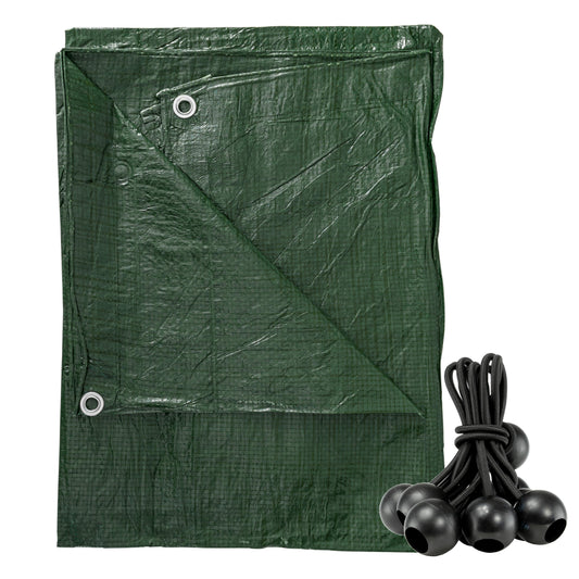 Green tarpaulin sheet with metal grommets and black bungee balls (10 x 6 in)