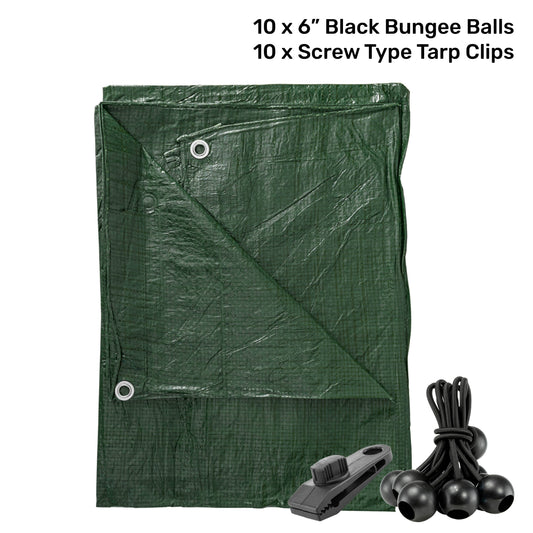 Green S-Grade tarpaulin sheet with 10x black bungee balls and 10x screw tarp clips