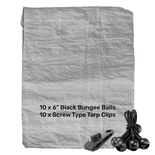 Grau Tarpaulin mit 10× schwarzen Bungee-Bällen und 10× Schraub-Tarpclips