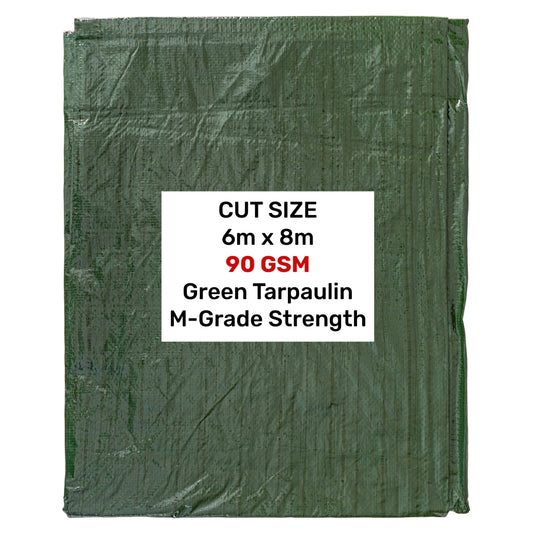 Green M-Grade tarpaulin 6m x 8m, 90 GSM, creased sheet