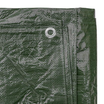 Green tarpaulin with circular metal grommet on corner