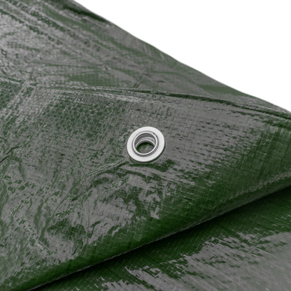 Green tarpaulin corner with metal eyelet, woven fabric texture