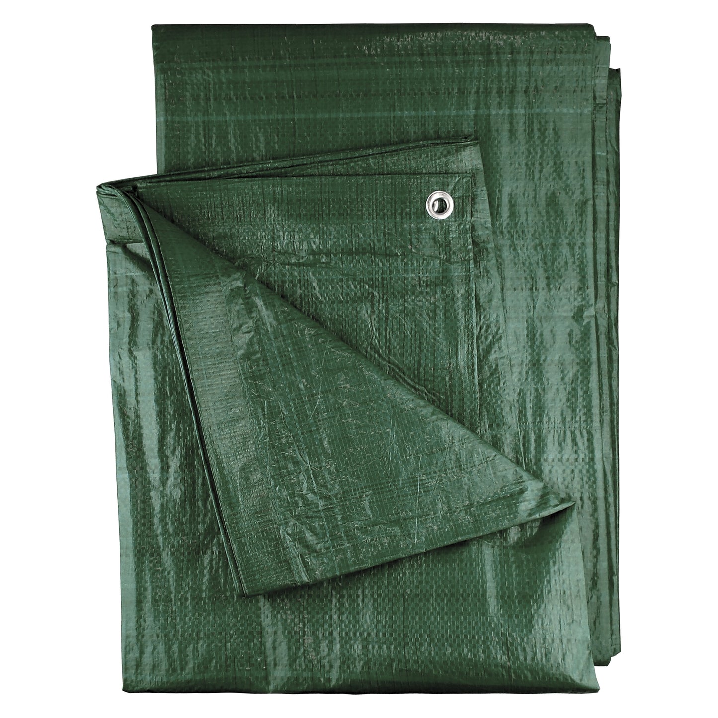 Green tarpaulin with central metal eyelet and folded panel