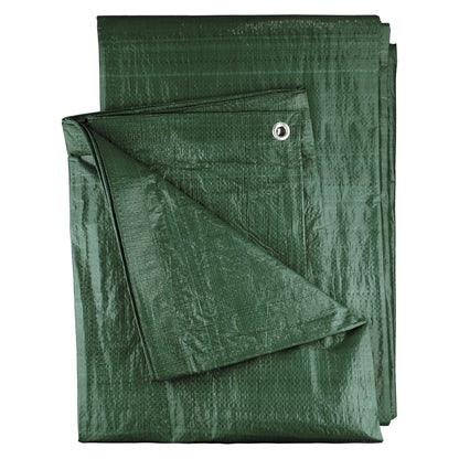 Green tarpaulin with central metal eyelet and folded panel