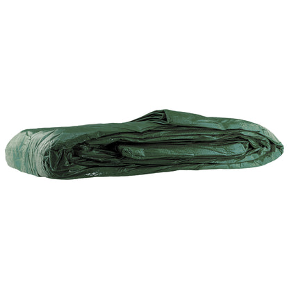 Rolled green tarpaulin sheet with creased protective wrap