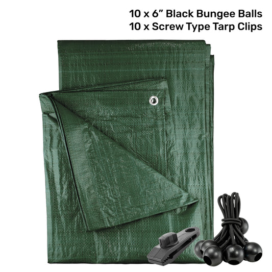 Green tarpaulin with black bungee balls and screw tarp clips set
