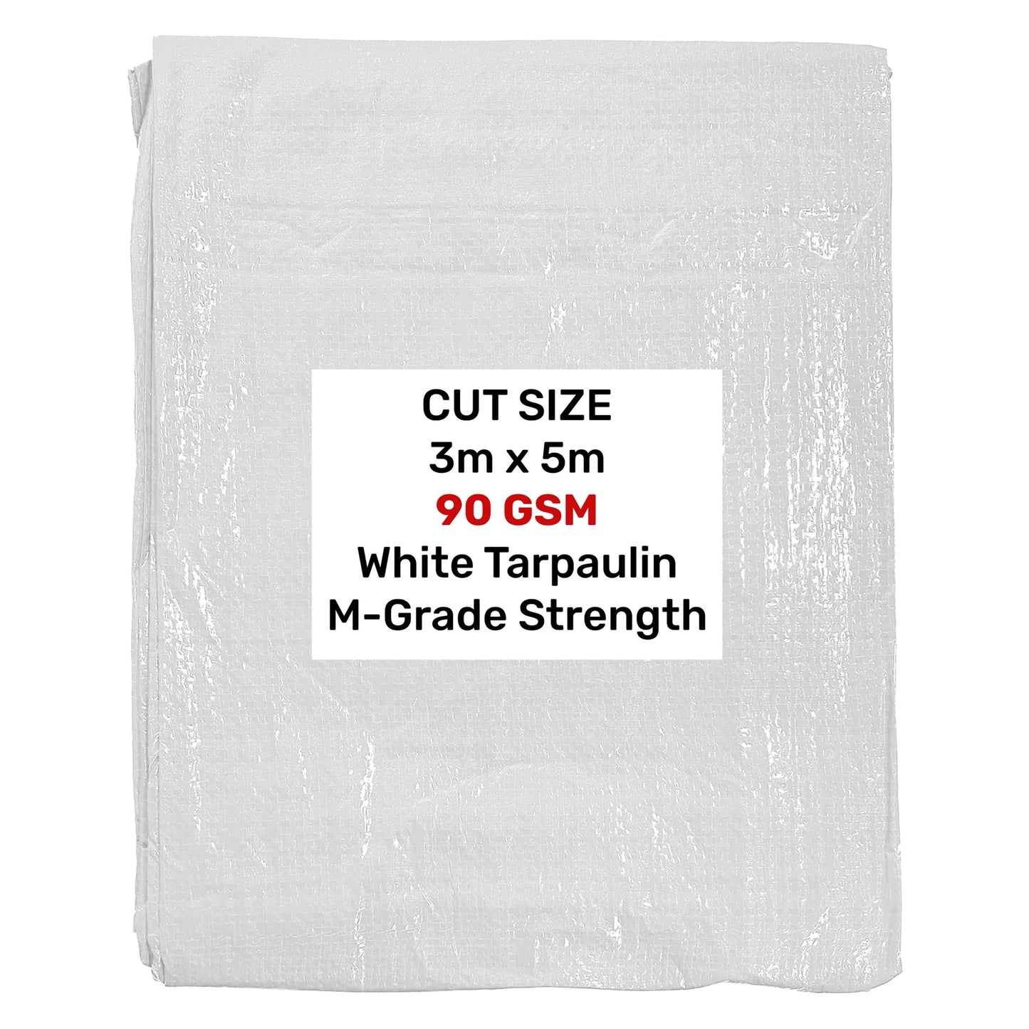 Folded white tarpaulin, 3m x 5m, 90 GSM strength
