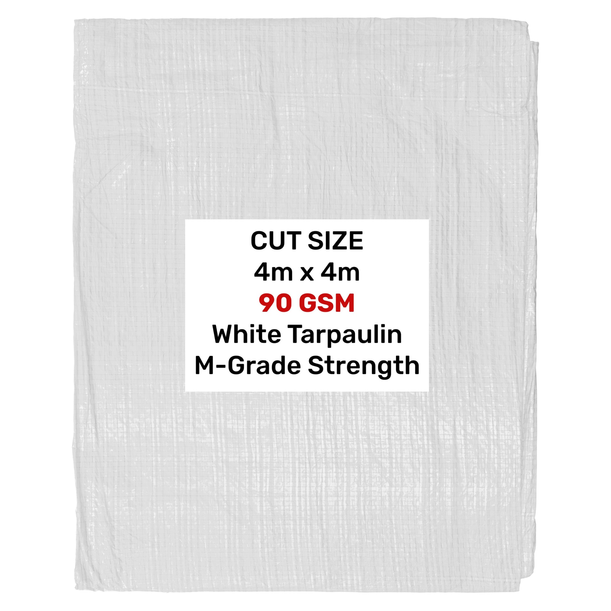 White tarpaulin sheet stack, 4m x 4m, 90 GSM, reinforced corners label
