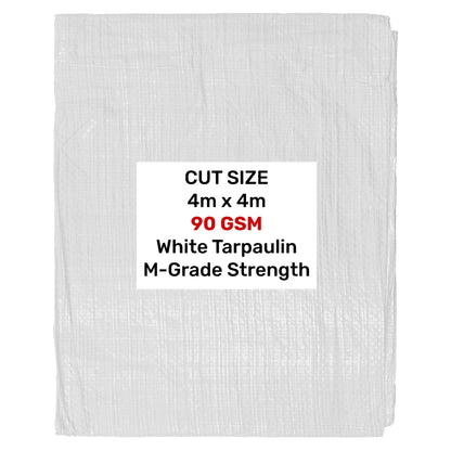 White tarpaulin sheet stack, 4m x 4m, 90 GSM, reinforced corners label