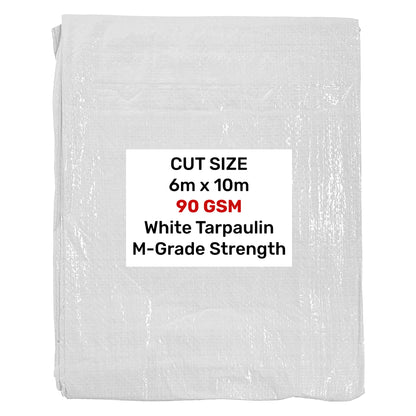 White tarpaulin 6m x 10m, 90 GSM M-grade strength, folded sheet