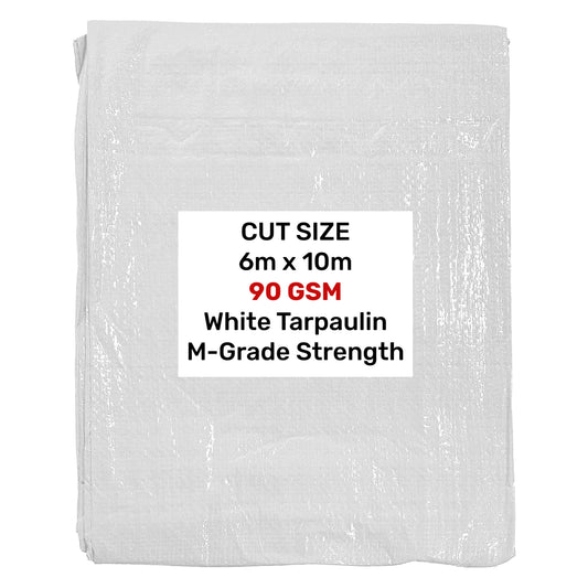 White tarpaulin 6m x 10m, 90 GSM M-grade strength, folded sheet