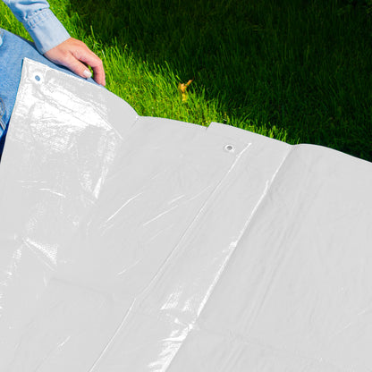 White tarpaulin sheet, 1.5m x 2m, M-Grade 90 GSM, corner seam detail