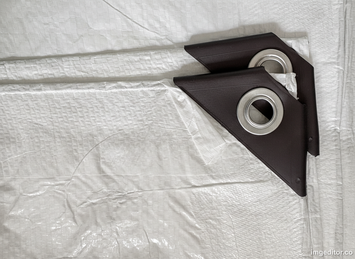White M-Grade tarpaulin 4m x 5m, black corner patches with metal grommets