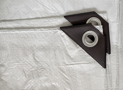 White M-Grade tarpaulin 4m x 5m, black corner patches with metal grommets