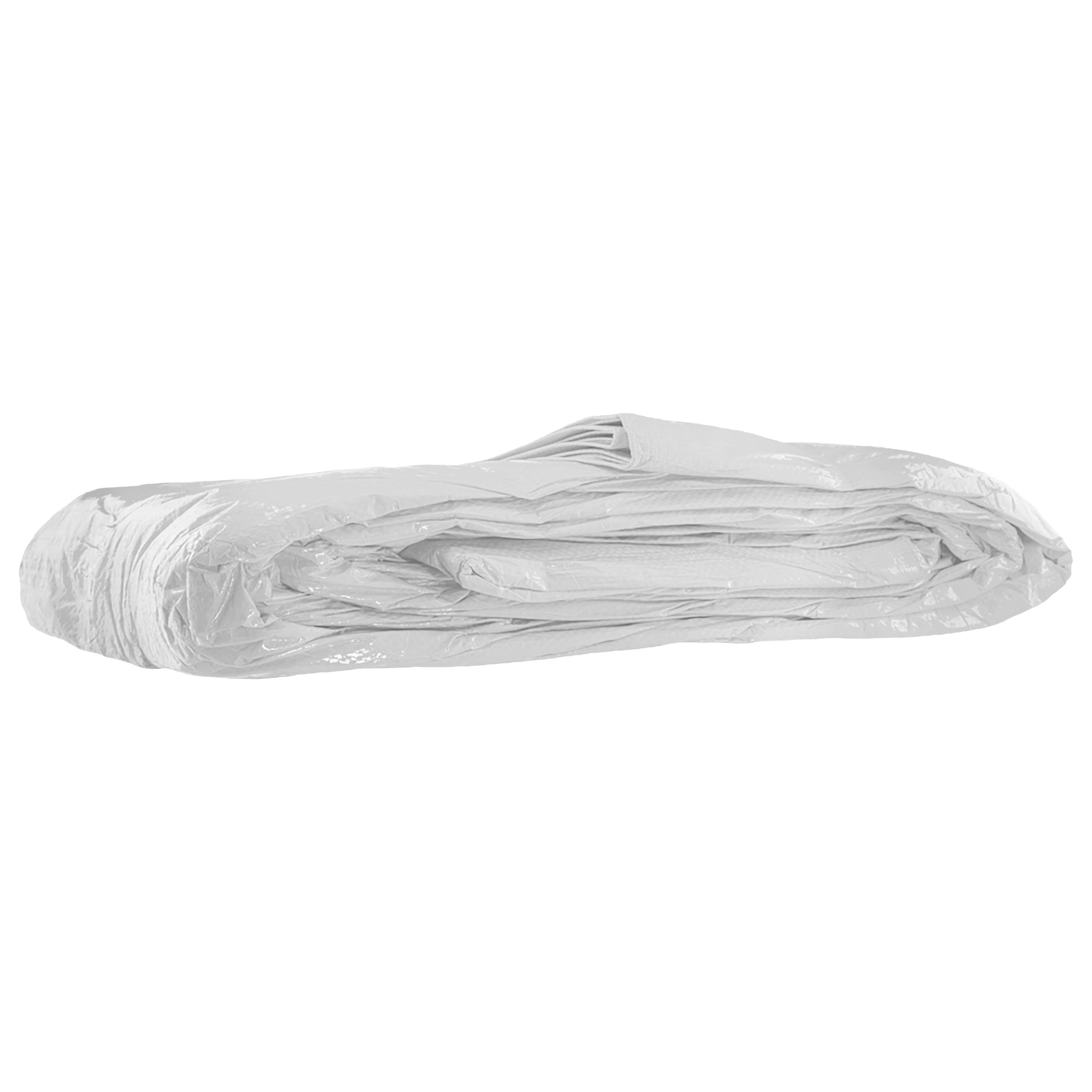 Rolled white tarpaulin bundle, compact and creased