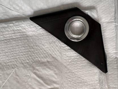 White tarpaulin corner patch with metal grommet and black reinforced triangle