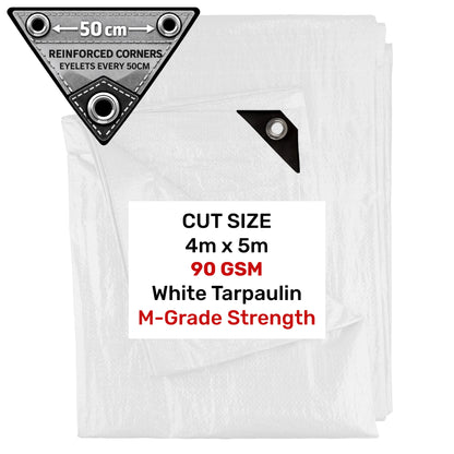 White M-Grade tarpaulin 4m x 5m with reinforced corner eyelets