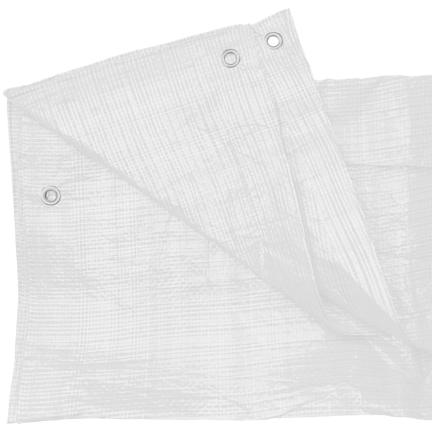 White tarpaulin corner section with multiple metal eyelets and folded layers