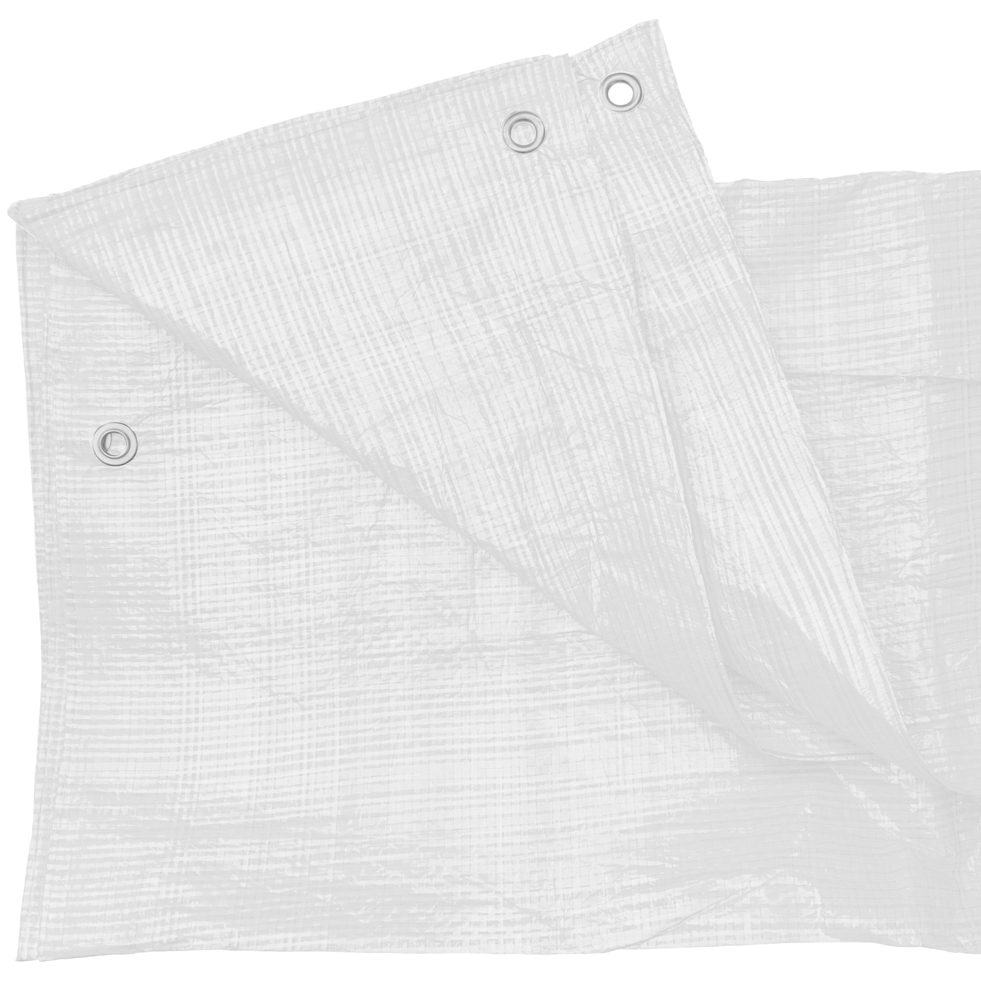 White tarpaulin with grommet holes along the edge for fastening
