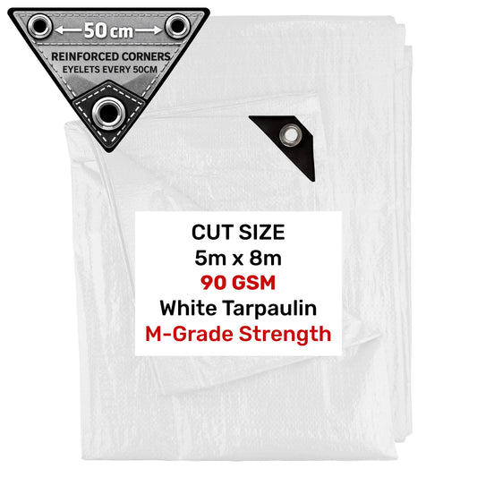 White tarpaulin reinforced corner with metal eyelet, 50 cm spacing