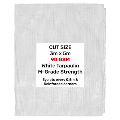 White tarpaulin, cut size 3m x 5m, 90 GSM, eyelets every 0.5 m