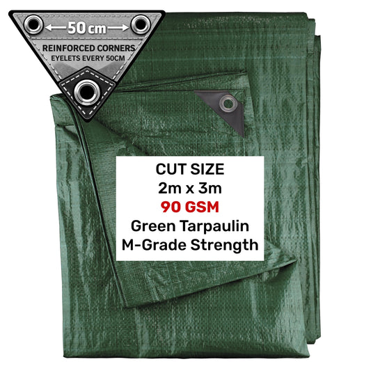 Green tarpaulin 2m x 3m, 90 GSM, M-grade strength; reinforced corners