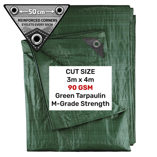 Green tarpaulin 3m x 4m, reinforced corners with eyelets