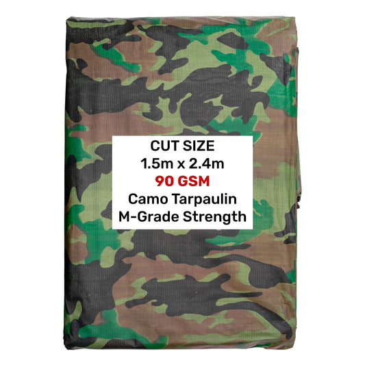 Camouflage tarpaulin 1.5m x 2.4m, 90 GSM M-Grade strength, folded