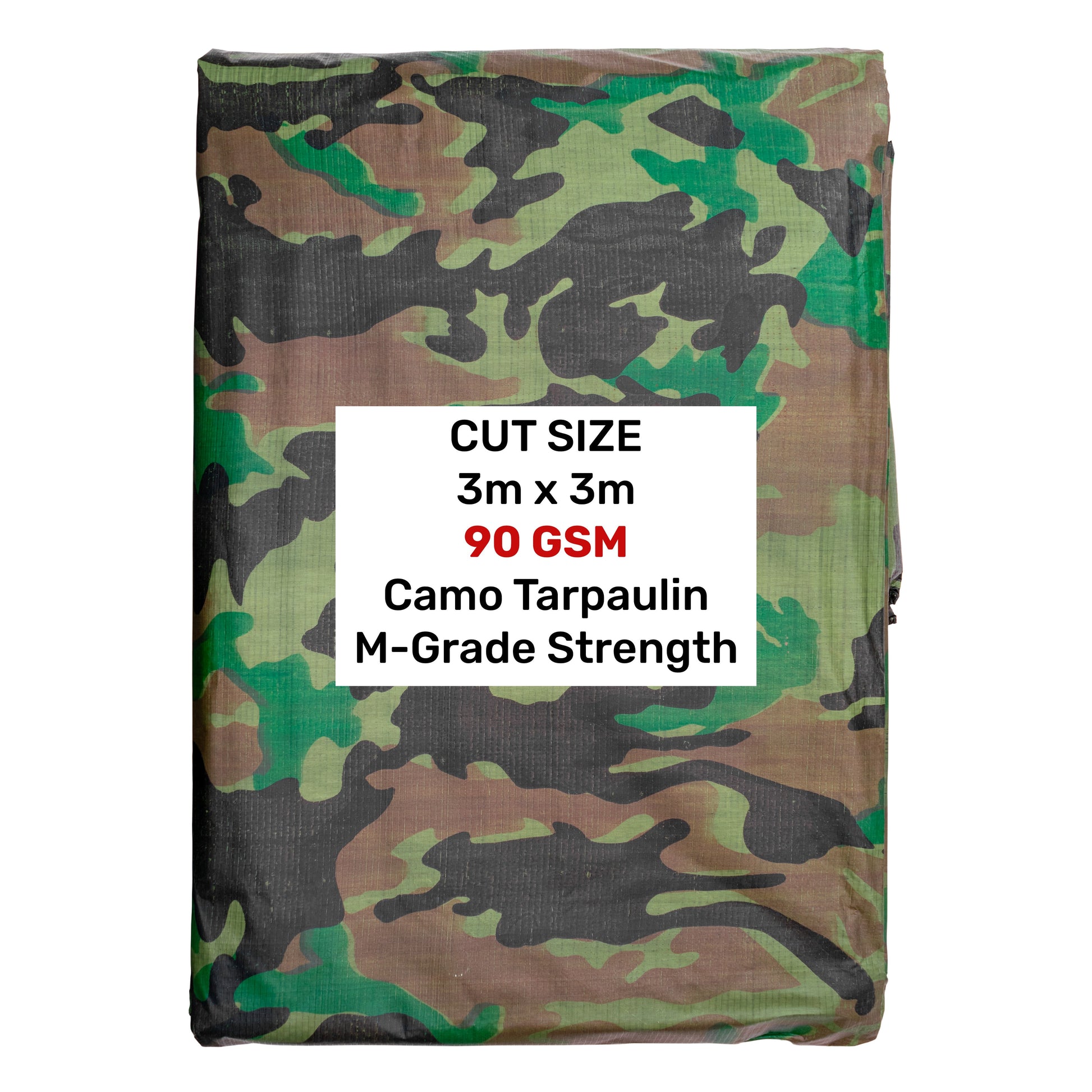 Camouflage tarpaulin 3m x 3m, M-Grade 90 GSM, with printed size panel