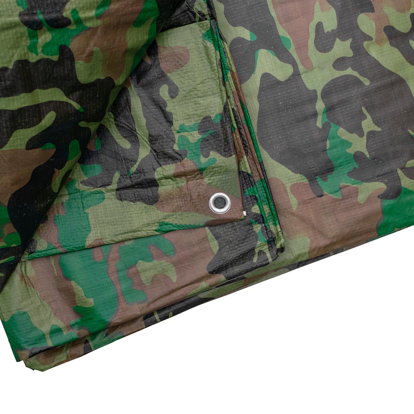 Camouflage tarpaulin corner seam with metal eyelet, dark green/brown camo