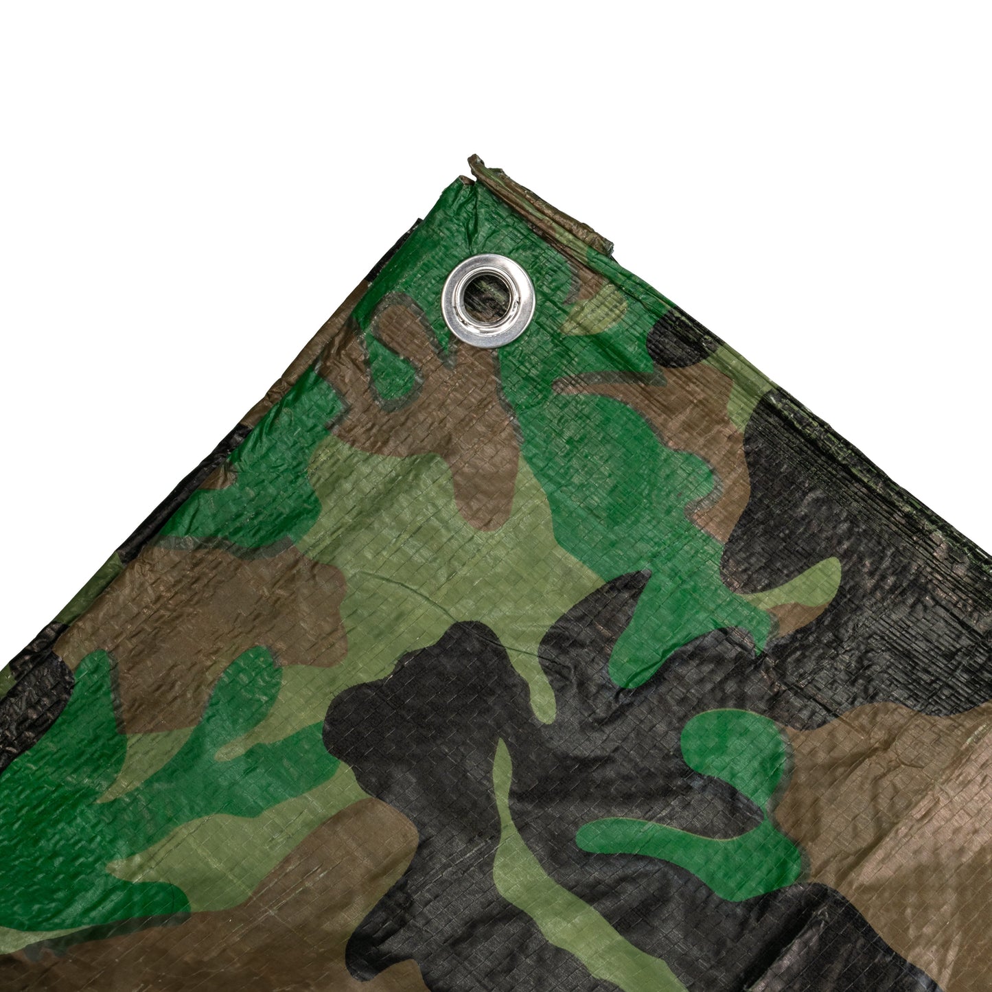 Camouflage tarpaulin corner with large metal grommet and reinforced border