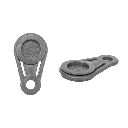 Round gray tarp holding clip with two side prongs and center hole