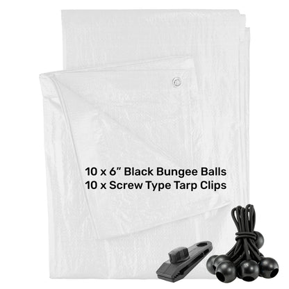 White tarpaulin sheet with black bungee balls and screw tarp clips kit